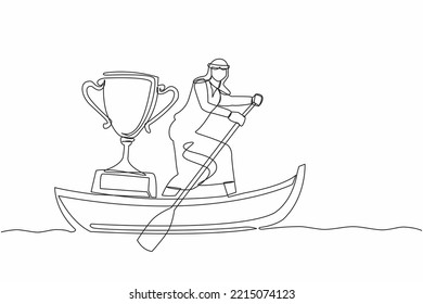 Single continuous line drawing Arabian businessman sailing away on boat with trophy. Sailing world championship award. Winning water sport competition one line draw graphic design vector illustration