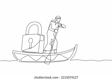 Single continuous line drawing Arabian businessman sailing away on boat with padlock. Security and shipping protection. Delivery business through the ocean. One line graphic design vector illustration