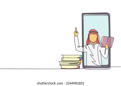 Single continuous line drawing Arabian male patient receiving prescription from male doctor in smartphone. Online medical consultation concept. Dynamic one line draw graphic design vector illustration