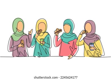 Una sola línea contínua dibujando a amigos árabes comiendo comida rápida en el restaurante. Grupo de mujeres felices hablando, cenando, hamburguesas y bebiendo refresco. ilustración vectorial de diseño gráfico de una línea