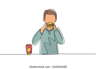 Single continuous line drawing Arabian boy having hamburger meal with hands around table. Enjoy and happy lunch when hungry. Delicious fast food. One line draw graphic design vector illustration