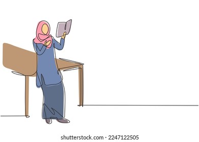 Single continuous line drawing Arabian woman reading, learning and standing around table. Study in library. Smart student, education concept. Dynamic one line draw graphic design vector illustration