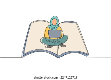 Single continuous line drawing Arabian female with laptop sitting on open big book. Freelance, distance learning, online courses, and studying concept. One line draw graphic design vector illustration