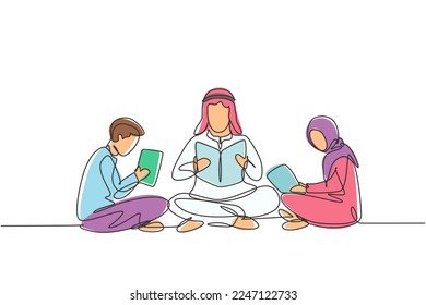 Single continuous line drawing Arabian male teacher and two students boy and girl reading, learning and sitting together. Study in library. Dynamic one line draw graphic design vector illustration
