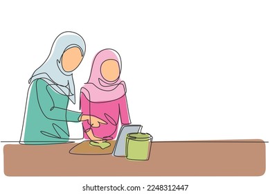 Single continuous line drawing Arabian mother and daughter cooking together while watching tutorial from tablet. Learn to cook with technology. Dynamic one line draw graphic design vector illustration