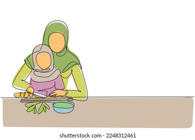 Single continuous line drawing Arabian mother teaching her little daughter to cut vegetables and fruit. Healthy food at home. Happy family in kitchen. One line draw graphic design vector illustration