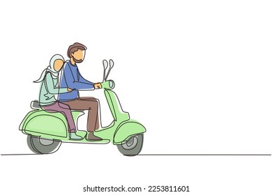 Single continuous line drawing Arabian couple riding motorcycle  Man driving scooter   woman are passenger while hugging  Driving around city  Drive safely  One line draw design vector illustration