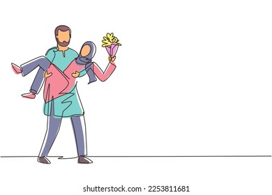 Single continuous line drawing Arabian man holding a woman and making marriage proposal with bouquet. Boy in love giving flowers. Couple getting ready for wedding. One line draw graphic design vector