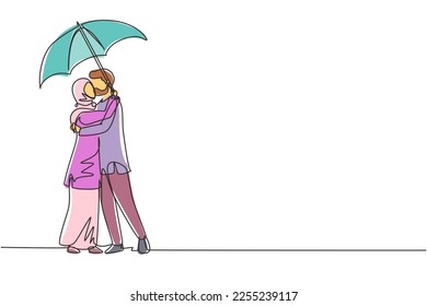 Single continuous line drawing Arabian woman and man under umbrella stand in rain and kiss each other. Young couple lovers kissing. Happy boy and girl dating in rainy day. One line draw graphic design