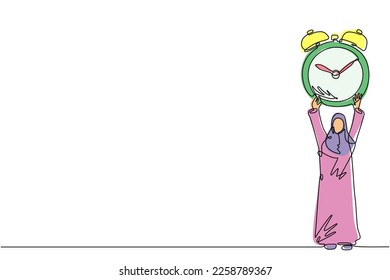 Single continuous line drawing Arabian businesswoman raising alarm clock in hands. Time, watch, limited offer, deadline symbol. Time to work. Dynamic one line draw graphic design vector illustration