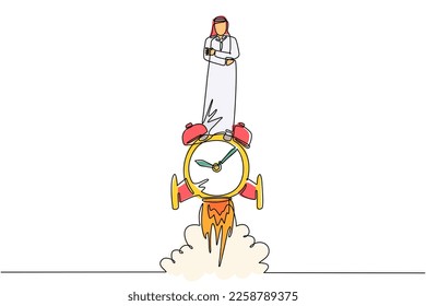 Single continuous line drawing Arabian businessman riding alarm clock rocket ship with fire, clouds. Time, watch, limited offer, deadline. Time to work. Countdown shuttle. One line draw design vector