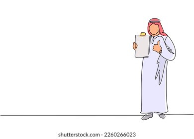 Single continuous line drawing Arabian businessman wearing traditional clothes holding clipboard   making showing thumbs up gesture  Person keeping file pad in hand  One line draw design vector