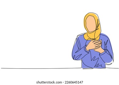 Single continuous line drawing Arabian woman keeping hands chest  Female suffering from chest pain heart attack  Health care concept  Emotion  body language  One line draw graphic design vector