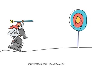 Single continuous line drawing Arabian businessman holding a dart arrow while riding chess knight piece, strategic concept. Success business manager. One line draw graphic design vector illustration