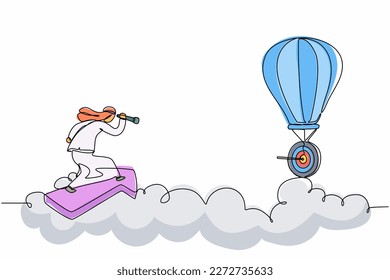 Single continuous line drawing Arabian businessman ride arrow symbol, flying, and using monocular to see business vision on hot air balloon. Professional manager. One line draw graphic design vector