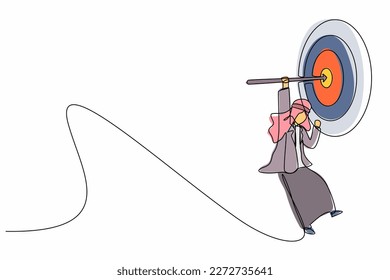 Single continuous line drawing Arabian businessman hanging arrow on target, business success concept. Businessman hanging on bow at center of target. One line draw graphic design vector illustration