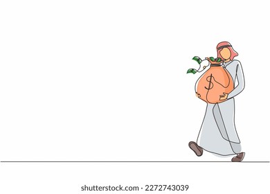 Single continuous line drawing Arabian businessman walking and carrying big heavy sack full of cash money. Green banknotes flying out of bag with dollar sign on it. One line draw graphic design vector