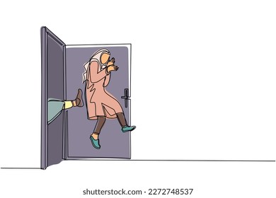 Single continuous line drawing Arabian businesswoman get kicked out of door. Dismissed from her job. Unemployment business concept. Boss kicks unnecessary employee. One line draw graphic design vector