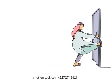 Single continuous line drawing Arabian businessman pulling closed door knob with power. Business struggles. Strength for success. Opening closed doors. One line draw graphic design vector illustration