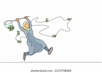 Single continuous line drawing Arabian businesswoman trying to catch flying money with butterfly net. Entrepreneur woman using business opportunity to scoop dollar bills. One line draw design vector