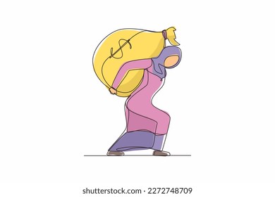 Single continuous line drawing Arabian businesswoman carrying big and heavy money bag on her back. Financial problems, taxation burden or business debt, deadline. One line draw graphic design vector