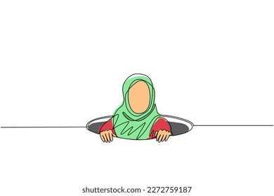 Single continuous line drawing Arabian businesswoman trying to get out of from hole, metaphor to facing big problem. Business struggles. Strength for success. One line draw design vector illustration