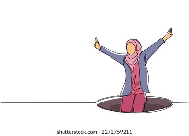 Single continuous line drawing Arabian businesswoman fell into manhole underground sewer. Woman fell sewer hatch. Depressed and business failure concept. Metaphor. Defeat. One line draw design vector