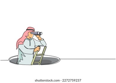 Single continuous line drawing Arabian businessman climbs out of the hole by ladder and using binocular. Business vision and solution concept. Symbol of challenge. One line draw graphic design vector