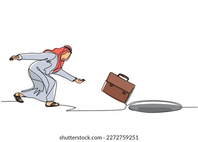 Single continuous line drawing Arabian businessman throws briefcase into hole. Failure to take advantage of business opportunities. Depressed and business failure concept. One line draw design vector