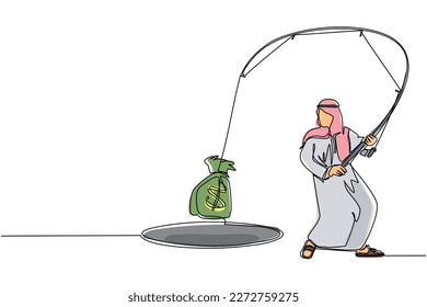 Single continuous line drawing Arabian businessman holding fishing rod got big money bag from hole. Man catching money bag with fishing rod. Business concept. One line draw design vector illustration