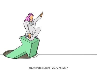 Single continuous line drawing Arabian businessman standing on arrows coming out of holes. Man leading financial graph rising from hole. Business growth concept. One line draw graphic design vector