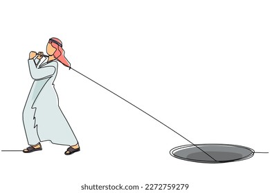Single continuous line drawing Arabian businessman trying hard pulling rope to drag something from hole, metaphor to facing big problem. Business struggles. One line graphic design vector illustration