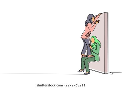 Single continuous line drawing Arabian businesswoman helping to lift another businesswoman over brick wall. Help, assistance and team concept. Business metaphor. One line draw graphic design vector
