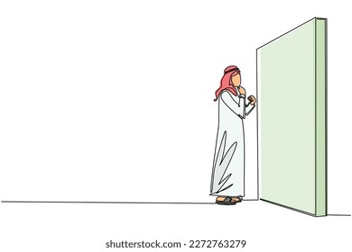 Single continuous line drawing Arabian businessman thinking in front of big obstacle or wall. Abstract representing risk management. Finding solution and problem solving. One line draw design vector