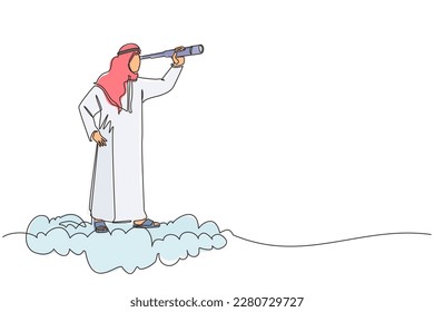 Einzelne durchgehende Linie zeichnen arabischen Geschäftsmann, der mit Hochwolke-Teleskop oder Fernkopierer auf der Suche nach Business-Visionären fährt. Führungsvision für Unternehmensstrategie. Einzeilige Design-Vektorgrafik