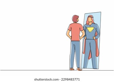 Single continuous line drawing Arabian businessman looking at reflection in mirror and seeing super hero standing. Leadership, ambition and self confidence. One line graphic design vector illustration