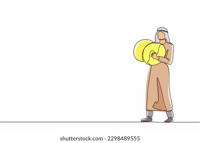 Single continuous line drawing Arabian male musician playing cymbals. Man performer playing classical music with percussion musical instrument. Person performs on stage. One line graphic design vector