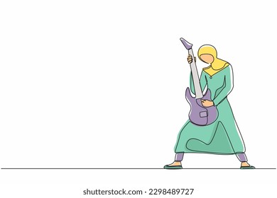 Single continuous line drawing Arabian female musician playing electric guitar. Woman practicing in playing guitar. Guitarist perform playing music instrument on stage. One line graphic design vector