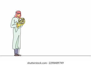 Single continuous line drawing Arabian male musician performing classic melody on French horn. Instrumentalist playing music on brass instrument. Man with trumpet. One line draw graphic design vector