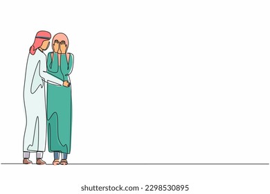 Single continuous line drawing Arabian man comforting her crying best friend  Depressed woman covering face and hands  her husband consoling  care about her  Help support  One line draw design vector