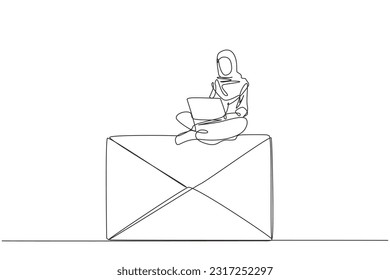 Single continuous line drawing Arabian businesswoman sitting and typing laptop computer on giant email icon. Prepare a quotation letter for cooperation in the technology business. One line design