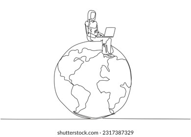 Single continuous line drawing Arabian businesswoman sitting on giant globe typing on computer laptop. Explore the business world online. Business world in one app concept. One line design vector