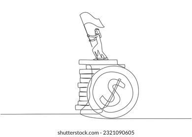 Single continuous line drawing of Arabian businessman standing on stack of coins raising flag. Successful remote freelance work. Get a lot of money. Concept of smart business. One line design vector