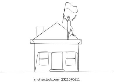 Single continuous line drawing of Arabian businessman standing on miniature house raising flag. Entrepreneurs who are successful in home property deserve an award for business. One line design vector