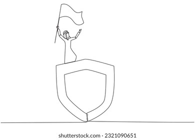 Single continuous line drawing of Arabian businessman standing on giant shield raising flag. Network security businessman celebrating new cooperation with government. One line vector illustration