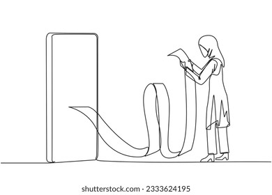 Single continuous line drawing of Arabian businesswoman holding billing paper roll coming out of smartphone. Billing which contains online payments, transfer transactions. One line vector illustration