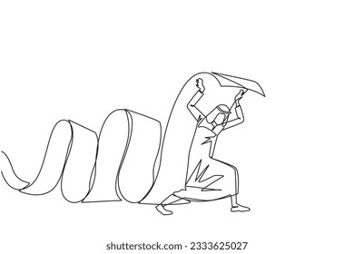 Single continuous line drawing Arabian businessman held long roll of billing paper with shoulders. Bear and keep paying amount of bills so the business continues to run. One line vector illustration
