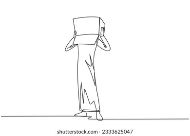 Single continuous line drawing of Arabian businessman stood up and covered head with cardboard. Businessman who are embarrassed because unable to pay several bills. One line design vector illustration