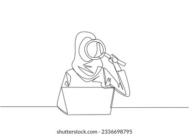 Single continuous line drawing of Arabian businesswoman is typing in front of laptop computer holding a magnifier. Modern business at this time can be done anytime and anywhere. One line design vector