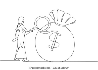 Single continuous line drawing Arabian businesswoman stood checking out giant money bag with magnifier. A person's success depends on the number of money bags collected. One line vector illustration